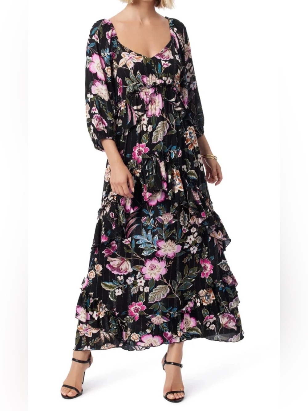 Jessica Simpson Floral Maxi Dress Black Boho Tiered Ruffled Size XL
